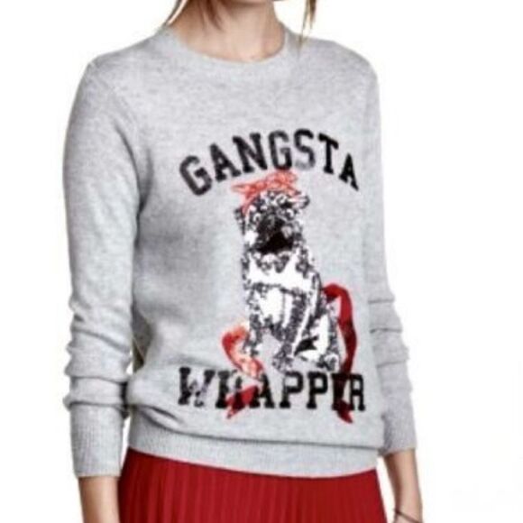 H&M Gangsta Wrapper Sequin Pug Dog Gray Crew Neck Sweater Urban Hip Christmas XS - Picture 2 of 14